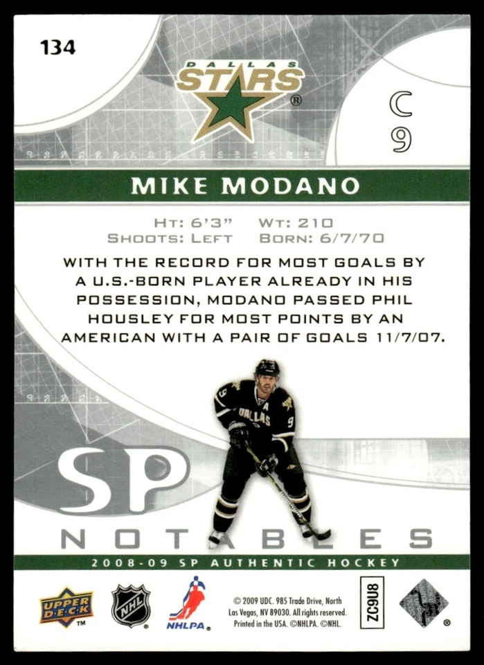 2008-09 SP AUTHENTIC NOTABLES MIKE MODANO 687/999 #134 - Image 2 of 2