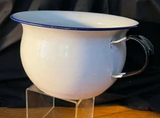 Vintage KER Sweden White 9" Large Enamelware Chamber Pot With Dark Rim &Handle