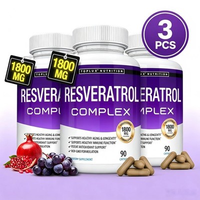 3pcs Resveratrol Complex 1800mg Capsules,Powerful Antioxidant Support,Non GMO