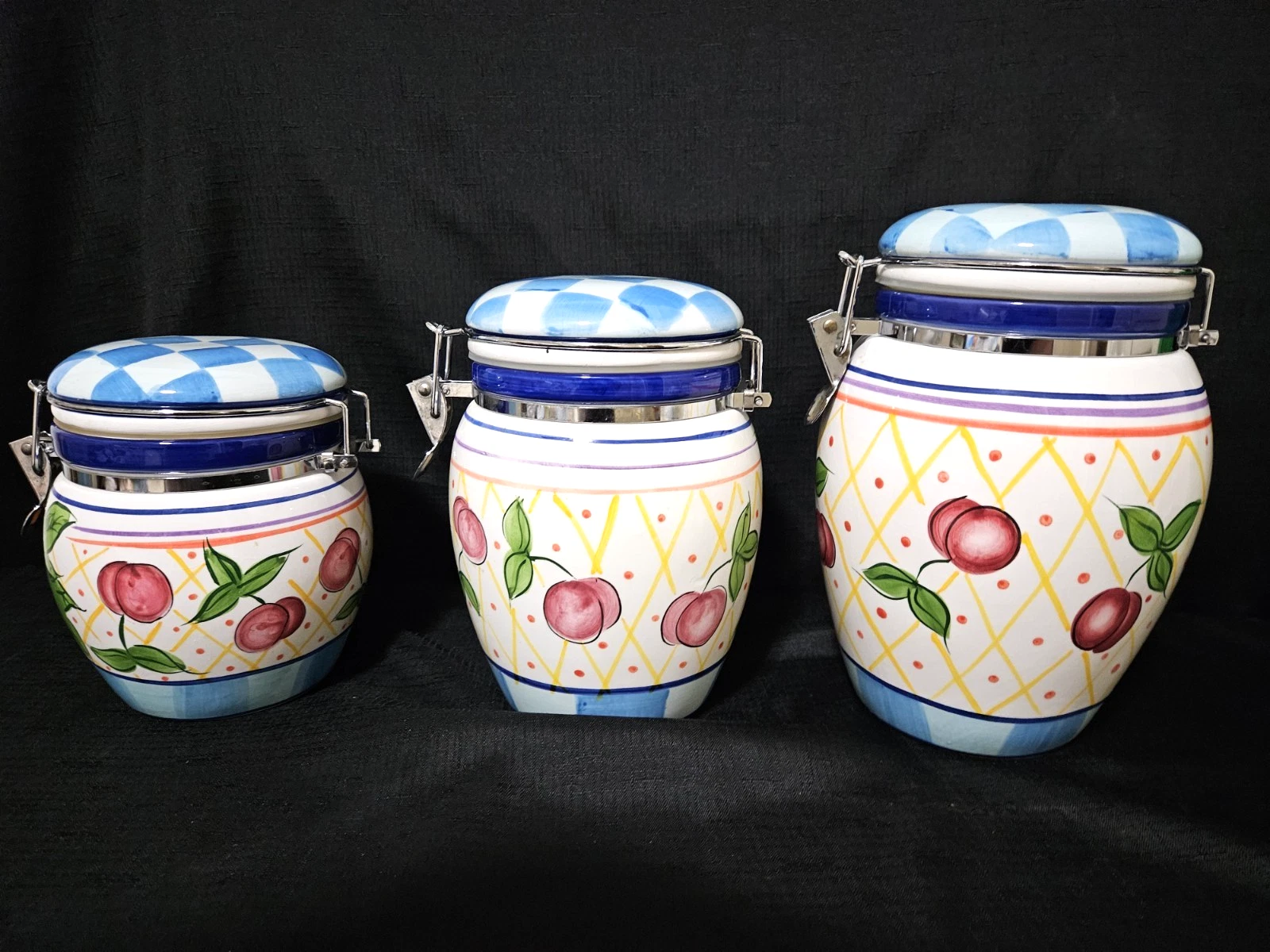 Nice Set of 3 Zrike Kitchen Canisters - Fruit Motif- Danna Cullen Design