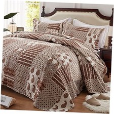 Quilt Set - Full/Queen Size Brown Paisley Patchwork 3 Piece Bedding Set with