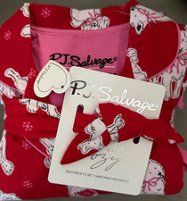 NWT PJ Salvage RED/WHITE DOGS WITH PINK BOWS Cotton Flannel Pajama Set Medium