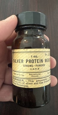 Antique 1920s Silver Protein Merck Medicine Pharmacy Bottle