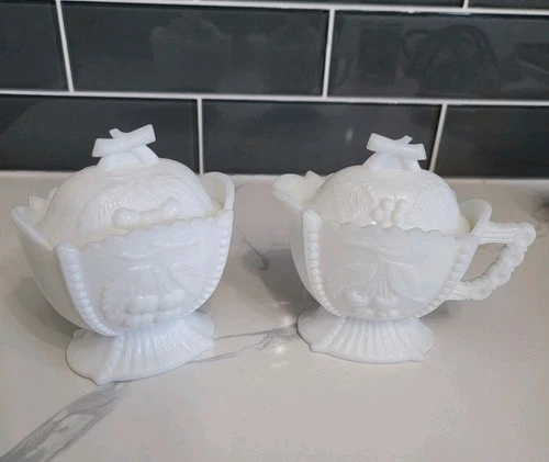 VTG Westmoreland Milk Glass Sugar & Creamer W/Lids Grapes And Cherries