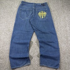 Y2K Ecko Unltd Jeans Angel Wings Cross Embroidered Baggy Loose Fit 38/32 Hiphop