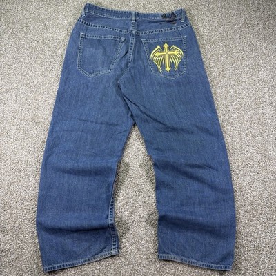 Y2K Ecko Unltd Jeans Angel Wings Cross Embroidered Baggy Loose Fit 38/32 Hiphop