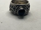 Vintage Sterling Silver Black Stone Wide Beaded Band Cocktail Ring Size 7.5 925