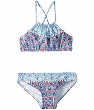 Seafolly Kids Boho Tile Ruched Neck Crop Bikini Set Girl's sz 16 Rose Tile