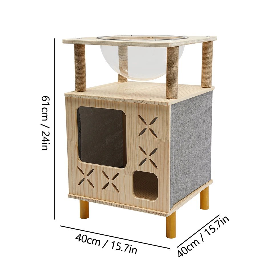 Indoor Cat Cave Bed Playhouse, 2 Tier Cat Tower, Cat Activity Tree w/ Linen Rope - Image 3 of 4