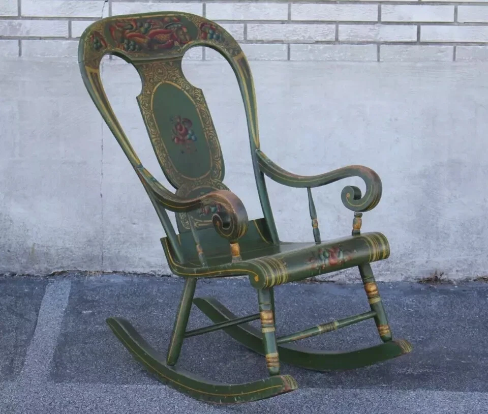 Антикварное большое кресло-качалка XIX века с ручной росписью из клена — деревенское дерево - Изображение 3 из 4