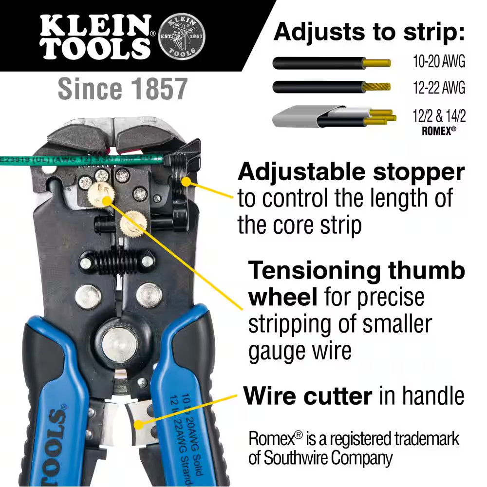 Klein Tools 8-1/4" Self Adjusting Wire Stripper Cutter for 10-20 AWG 12-22 AWG