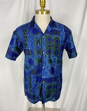 Vintage Malihini Hawaii Men  s 60  s Loop Collar Hawaiian Shirt Blue  Green Tiki