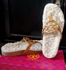 Tory Burch MILLER CLOUD Sandal Cork Shearling Caramel Size 10 (New in Box) $268