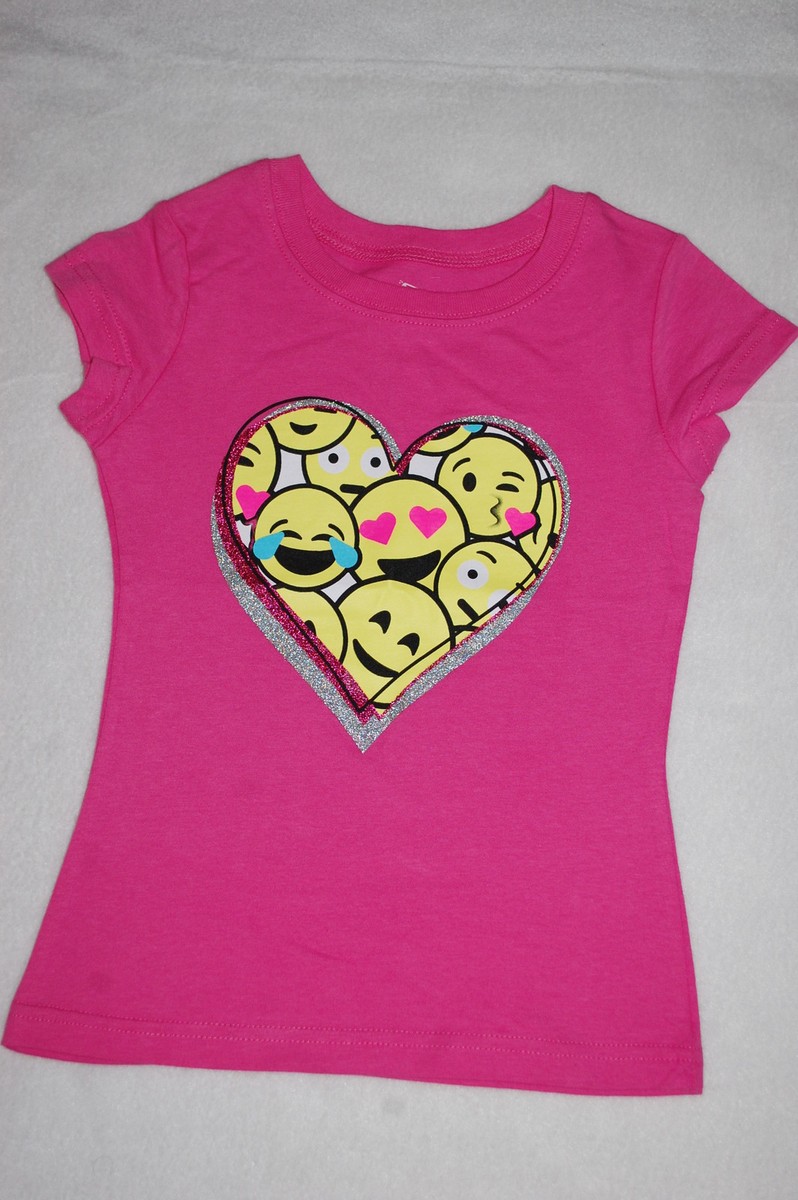 Girls S/S Tee Shirt PINK w/ EMOJI FACES INSIDE HEART Pink Silver