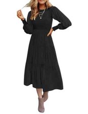 TINGRISE Women's Boho Long Sleeve Midi Dress - Casual Loose Fit, Round Neck.