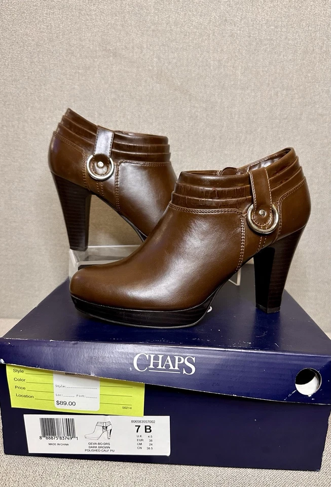 CHAPS Geva Brown Side Zip Low Ankle Booties 3.5" Heel Worn Once In Original Box - Image 2 of 4