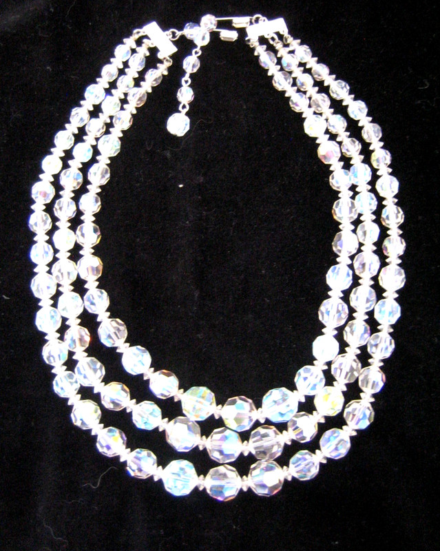 Vintage Aurora Borealis Triple Strand Faceted Glass Crystal Necklace ~ Vendome?