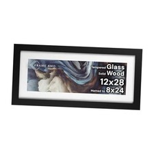 Solid Wood Poster Frame, White Mat for 8x24 Image, Tempered Glass 12x28 Black