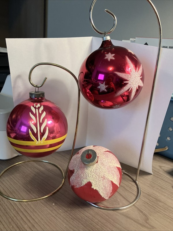 3 Vintage Hot Pink Glass Ornaments, 3 1/2” Austria, USA & Unknown