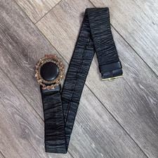 Women's Black and Gold Wide Waist Belt with Ornate Decorative Gold Buckle Accent