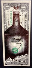 ballpoint pen ink drawing on dollar bill banknote lucky 13 hard luck  pop art