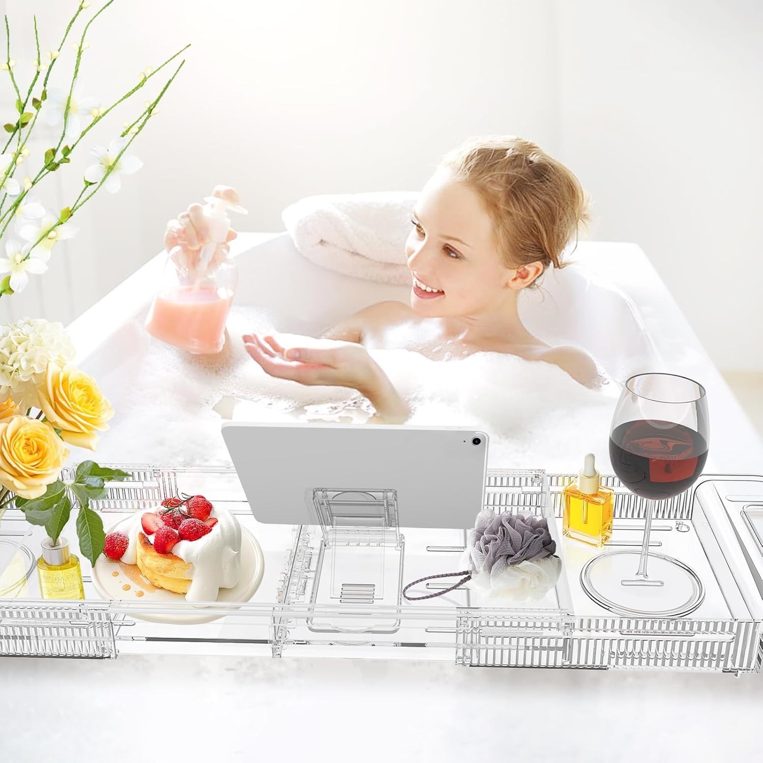 Deluxe Collapsible Bath Tray - Perfect for Wine, Books, and Home Spa Essentials thumbnail 4