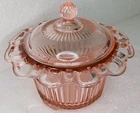 Vintage Indiana Depression Pink Old Colony "Lace Edge" Ribbed Candy Jar With Lid