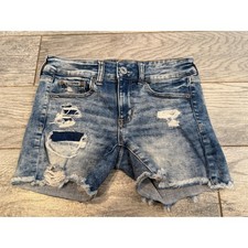 American Eagle Midi Shorts 2 Blue Distressed Stretch Denim Womens Boho Raw Hem