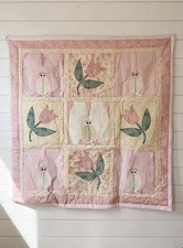 Handmade baby crib quilt 33in bunnies tulips pink, yellow, white, green