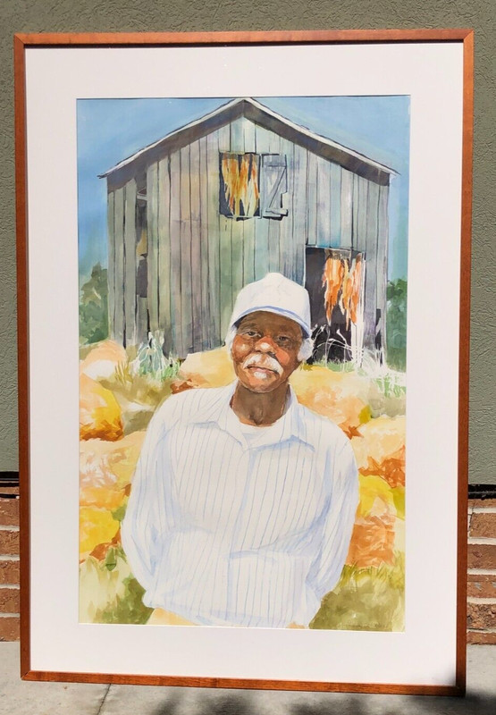 Lg Original Watercolor Painting Tobacco Farmer Barn Southern History SCHERER