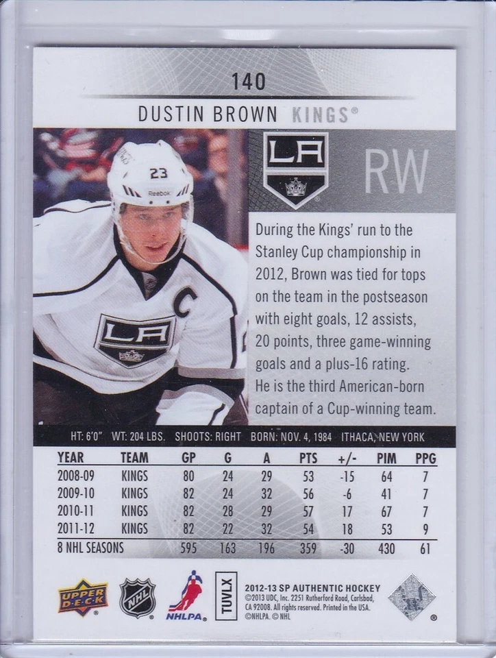 Dustin Brown 2012 SP Authentic Hockey Card 140 - Image 2 of 2