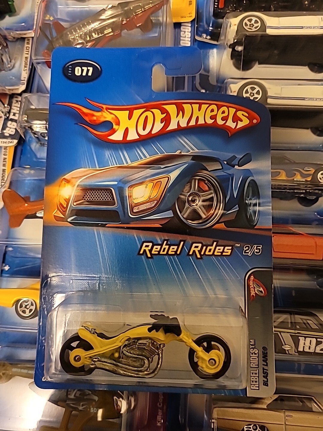 2005 Hot Wheels #77 Rebel Rides 2/5 BLAST LANE Yellow w/Black MC3 Spoke Wheels