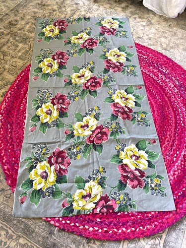 Vtg 1940's Berry Rose Yellow Floral Fabric Gray Background 3.6 Yards Linen Cottn - Picture 3 of 14