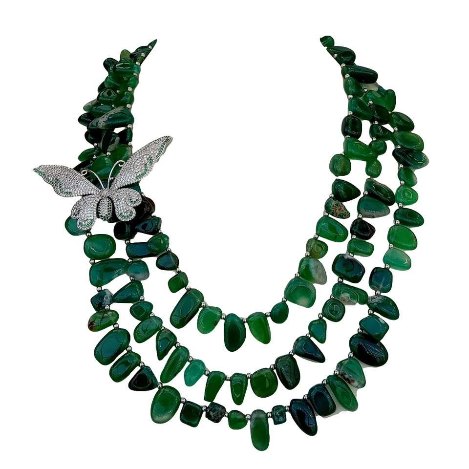 20" 3 Strands Green Agate Cubic Zirconia Pave Butterfly Necklace - Image 3 of 4