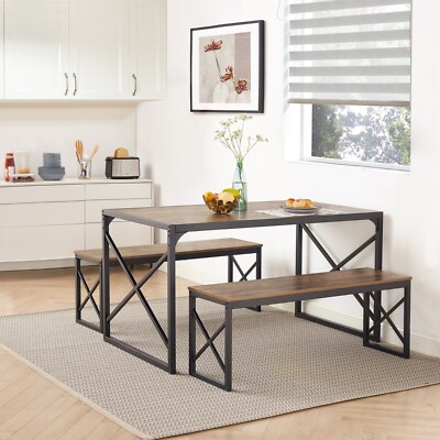 Vecelo 3Pcs Kitchen Dinning Table and Benches Set For 4-6, Metal Frame Wood Top