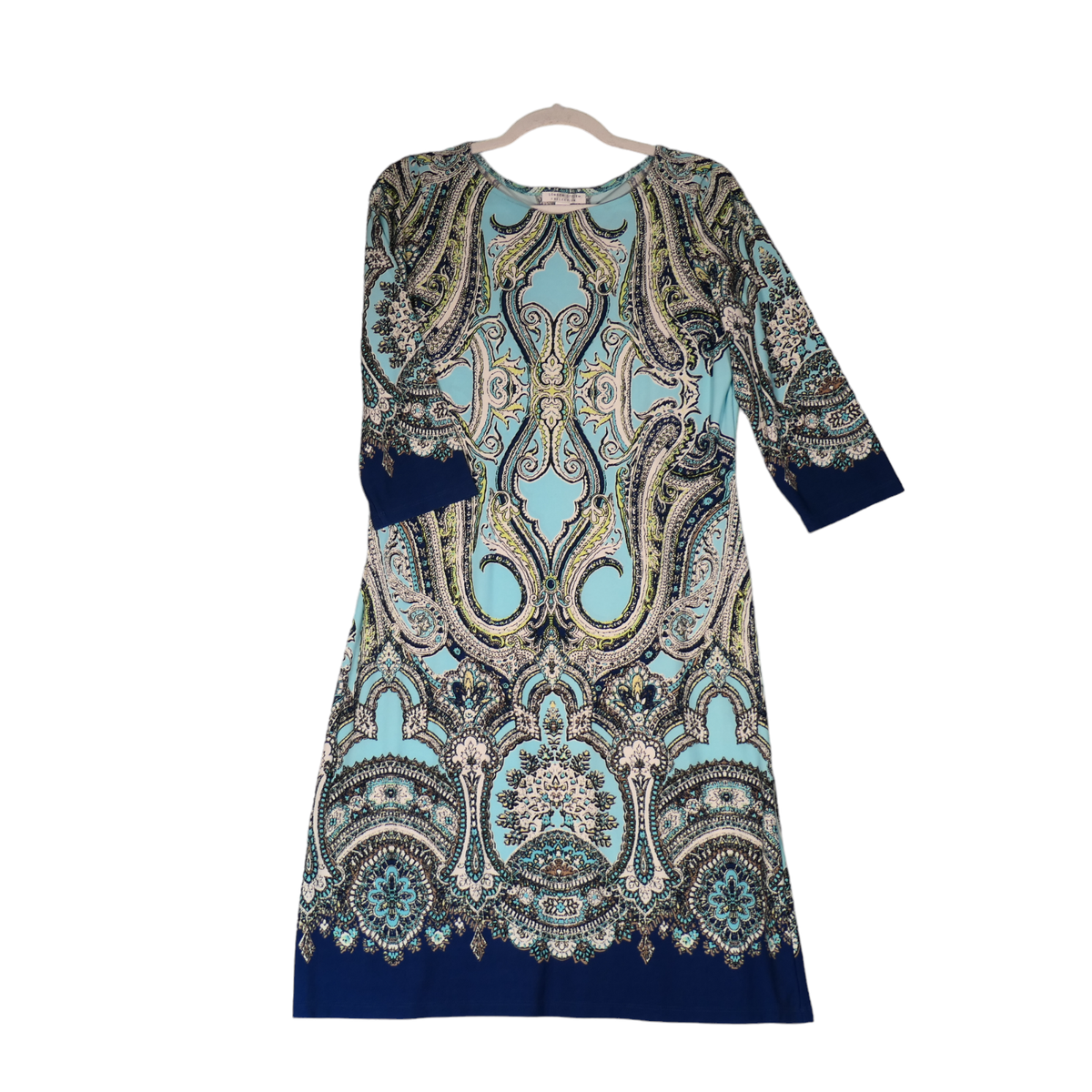 london times blue dress London Times Dress Womens 12 Teal Blue Paisley Sheath Shift Career Boho