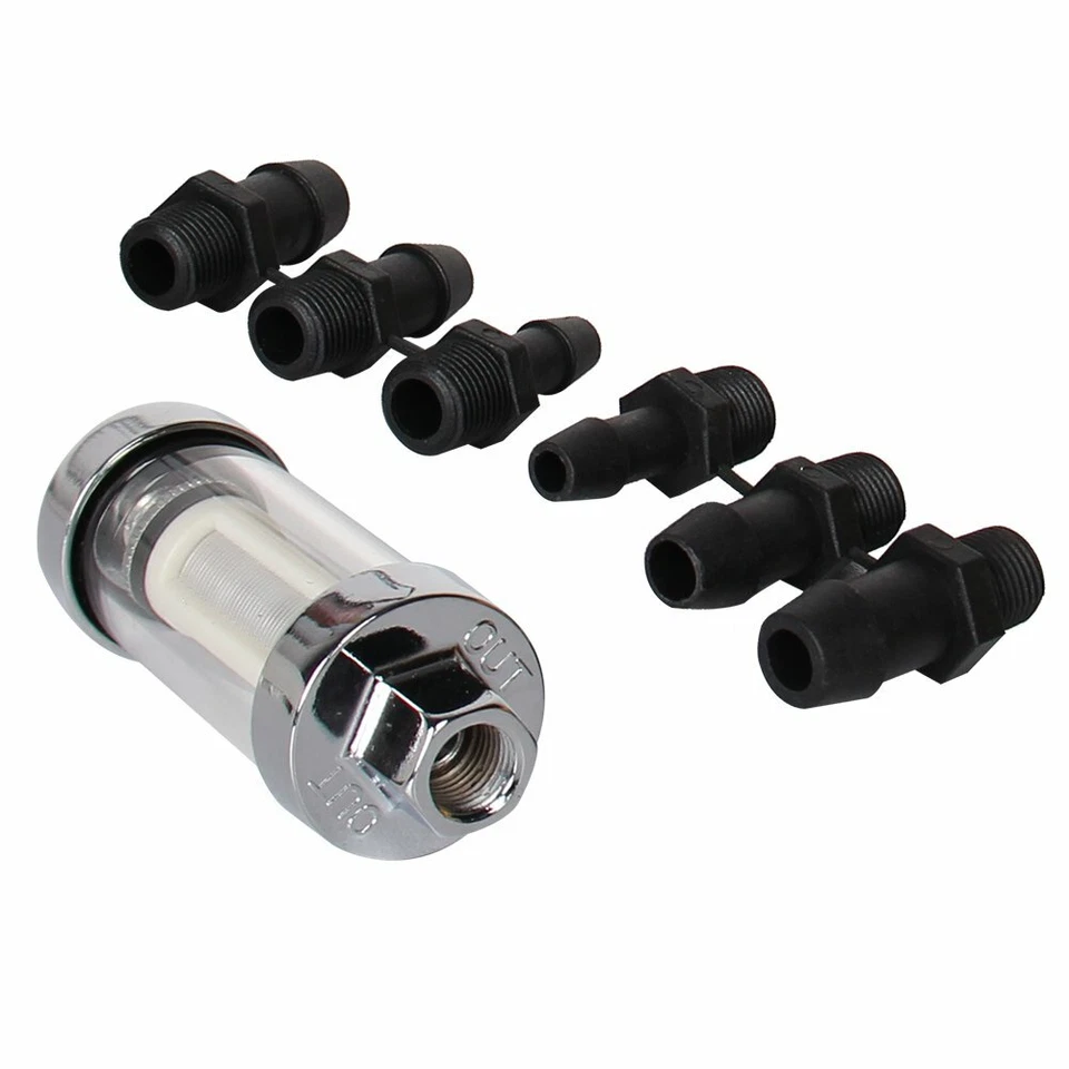 Filtro de combustible en línea lavable reutilizable universal de vidrio a gas cromado de 1/4" 5/16" 3/8" Foto 3 de 4