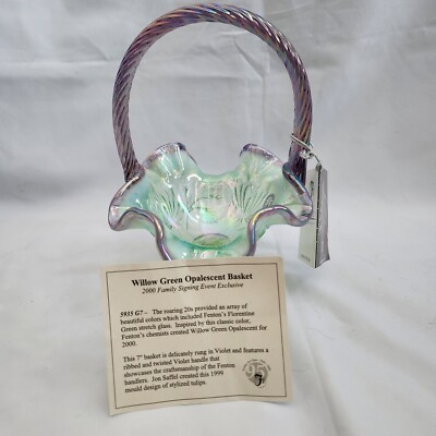 Fenton Willow Green Opalescent Basket 95th Anniversary Tom Fenton Ron Bayles 7in