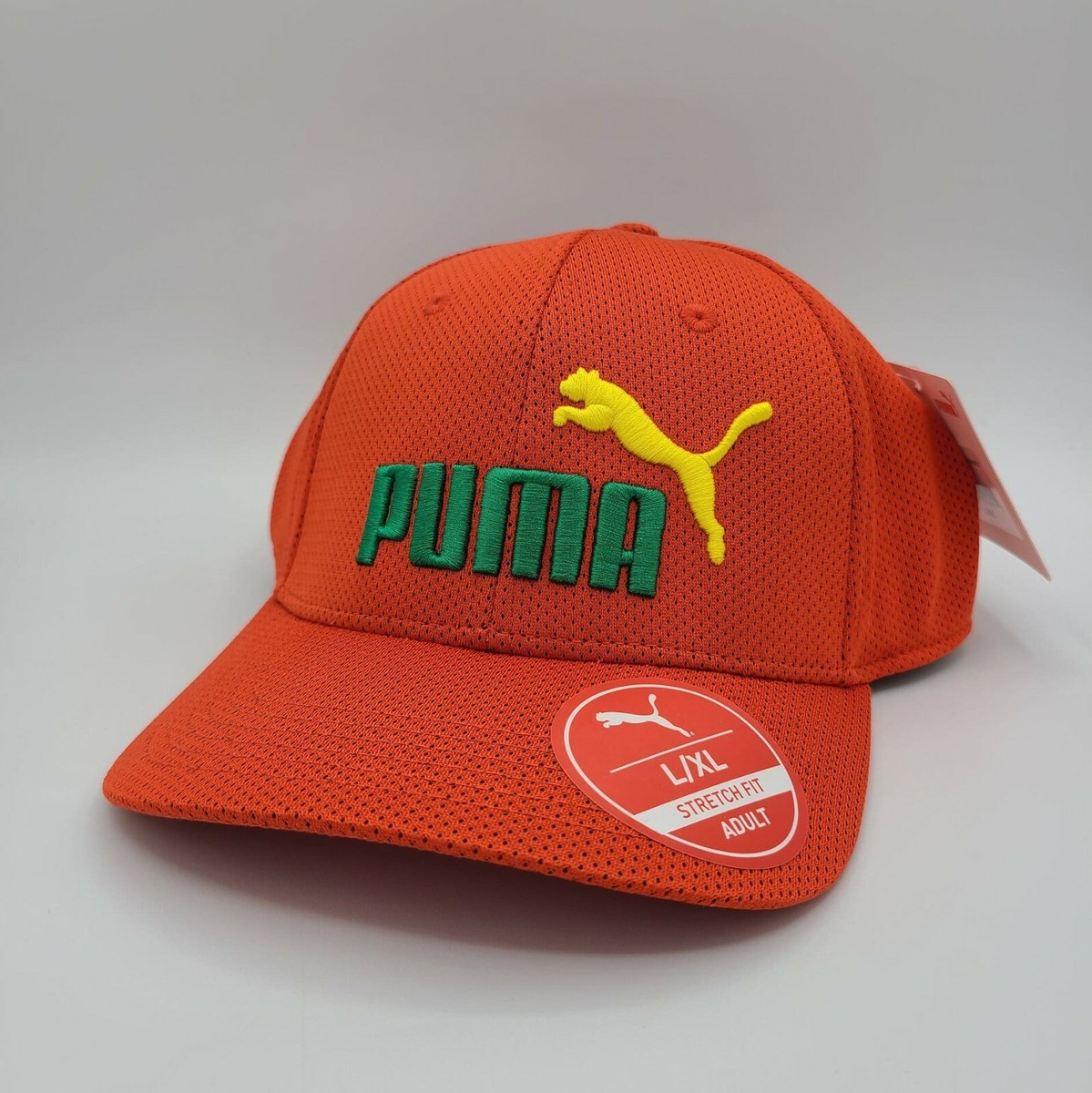 PUMA Hat Baseball Cap Orange Yellow Cat Green Logo Stretch Fit Size L/XL  Golf