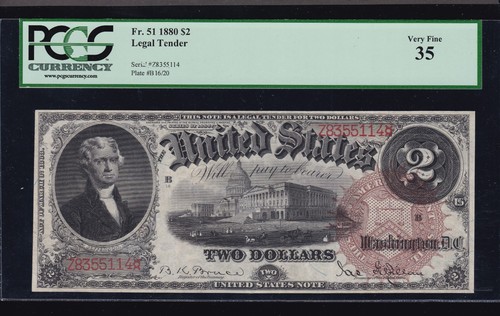 US 1880 $ 2 gesetzliches Angebot mit großem braunem Siegel FR 51 PCGS 35 XF (114)