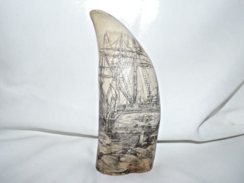 Vintage SCRIMSHAW RESIN REPRODUCTION WHALE TEETH MARITIME 7.25" - Picture 1 of 5