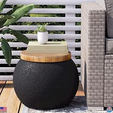COSIEST 17" Black Drum Outdoor Side Table - Concrete Top with Faux-Wood Accent