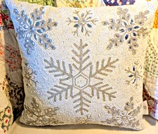 2~ 34th & Pine Christmas Silver Snowflake BEADED Throw Pillow Decor 16" Sq. NWOT