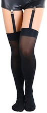 Women's Thigh Highs With Attached Clip Garter - Black - OS