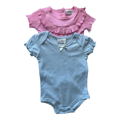 Nicole Miller New York Baby Girl 6-9M Bodysuit 2Pk Lot Pink Ribbed Blue Bow NWOT