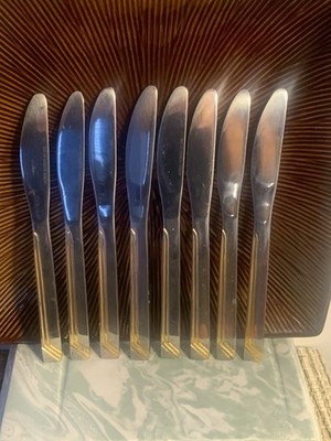VTG SOLINGEN GERMANY 18/10 SS DINNER KNIVES (8) GOLD GEOMETRIC TRIM READ DES 