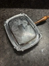 Vintage Silent Butler Crumb Catcher Footed with Wood Handle Silver on Copper