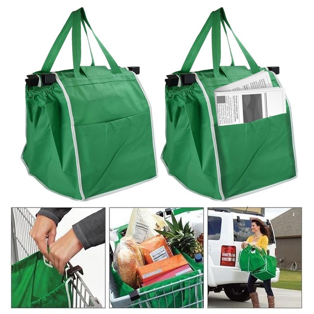 2 X Foldable Reusable Supermarket Ping Trolley Grocery Grab 2 Pack Ping Trolley Bags Eco Friendly Clip On Grocery Carrier Folds Easily