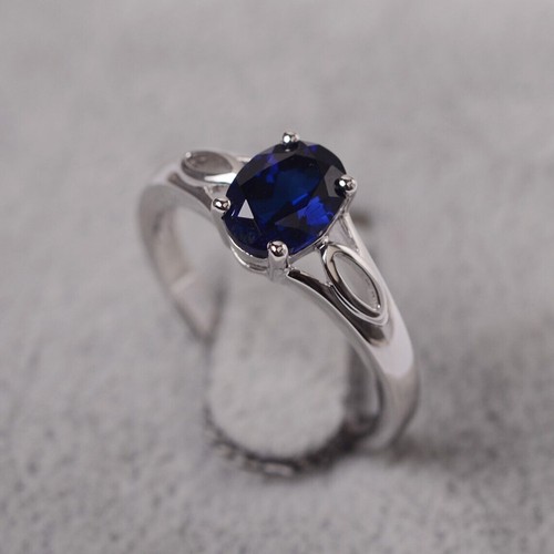 Solitaire Blue Sapphire Women Ring Lab Created Gemstone 925 Sterling Silver Ring - Picture 4 of 5