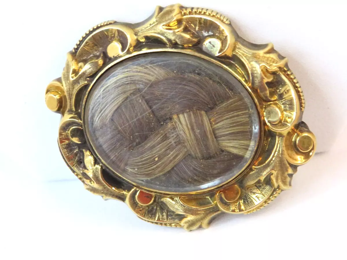 ANTIQUE 10K YELLOW GOLD MOURNING JEWELRY BROOCH w BRAIDED HAIR